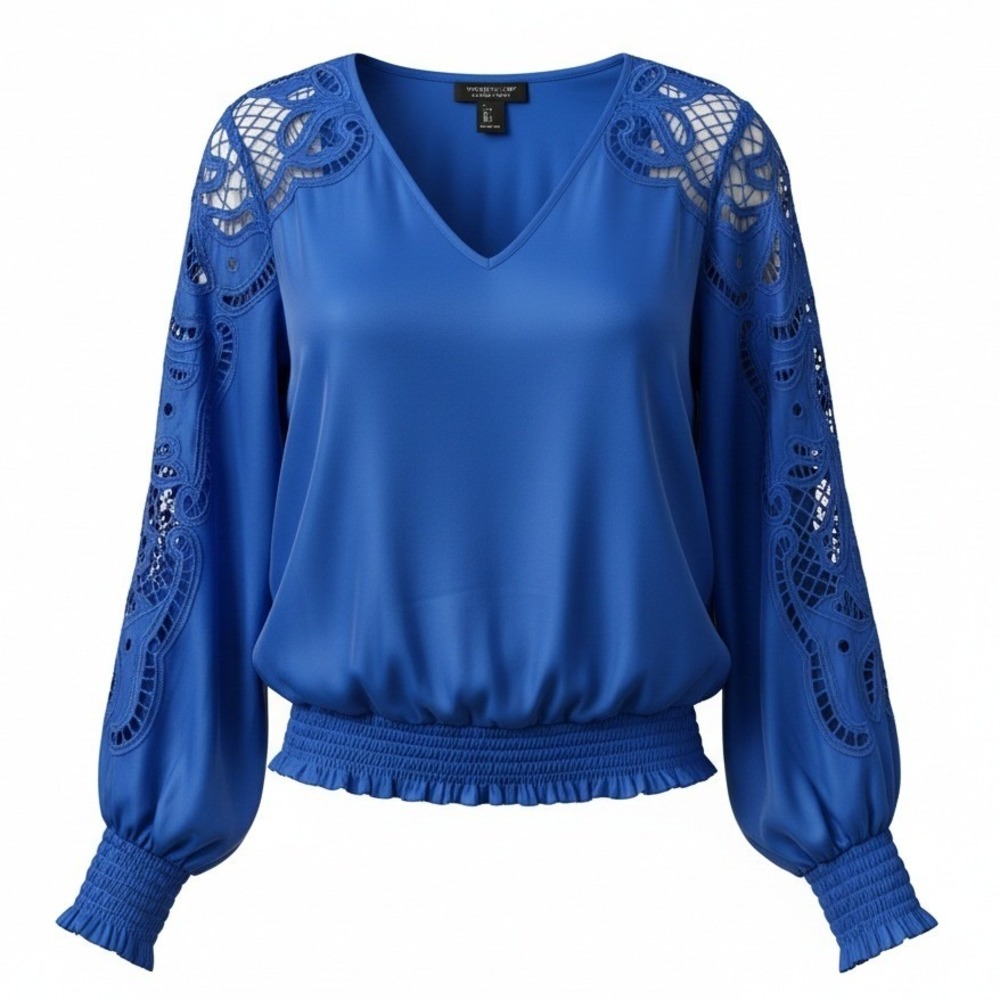 Rachel Zoe Womens Blouse Crochet Lace Sleeve Blue Polyester Boho Chic S